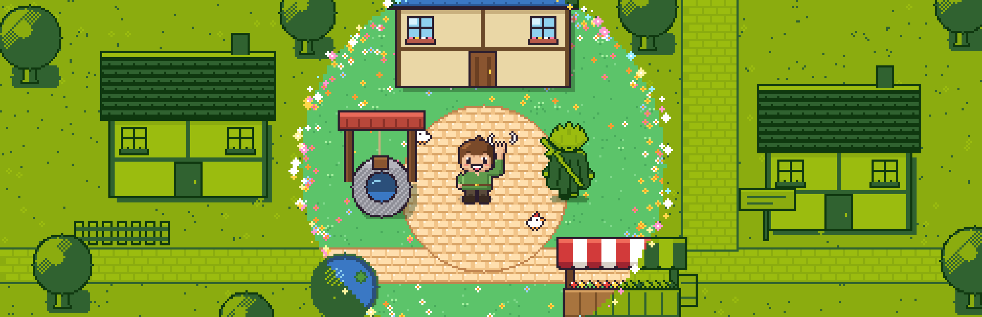 Mossbrook in four shades of Game Boy green, except for a circle of full color around Villager #3, who waves by the well while the Hero stands beside him with his back turned.